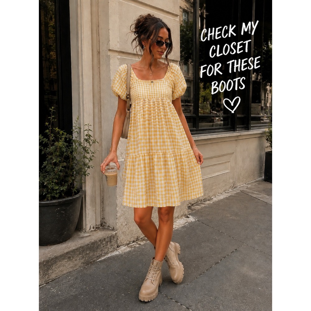Old Navy Yellow Gingham Puff Sleeve Dress